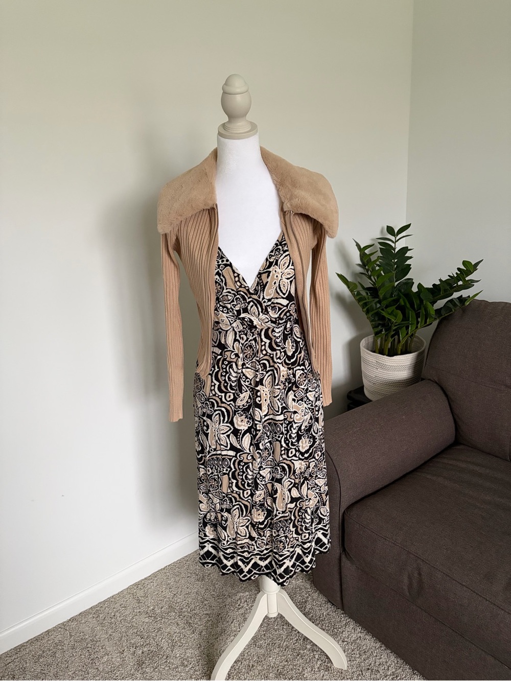 St. John's Bay Black and Beige Paisley V‑Neck Midi Dress with Beige Cardigan